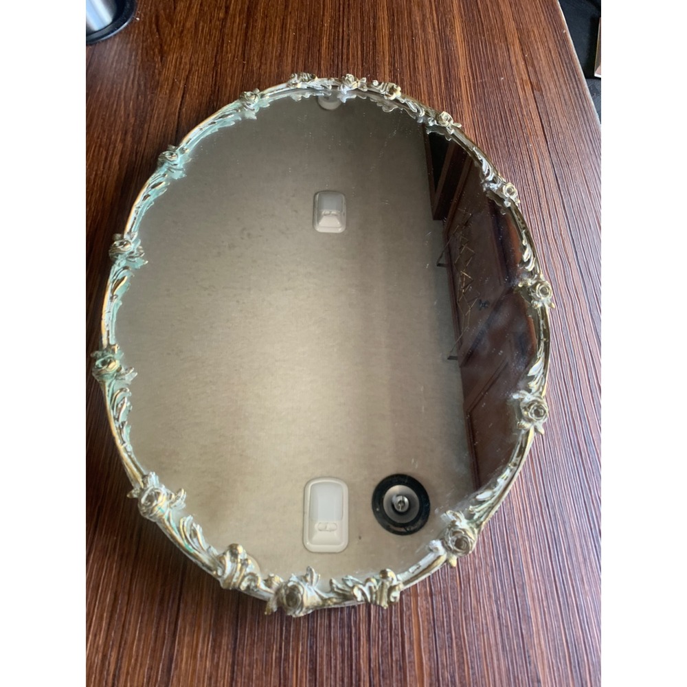 Vintage Globe 24kt Gold Plated Oval Vanity Mirror Tray Rose Filigree Ornate 14.5